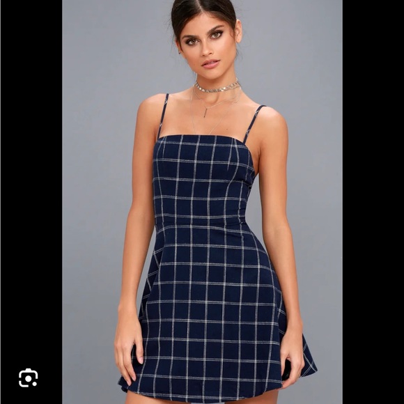 Lulus Good and Plaid Navy Blue Plaid Skater Dress - Picture 1 of 4